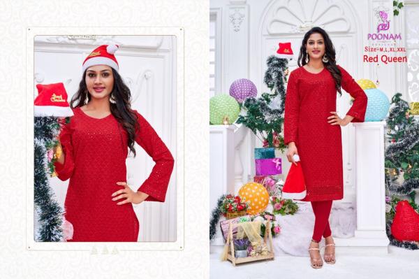 Poonam Red Queen Casual Wear Chikan Work Kurtis